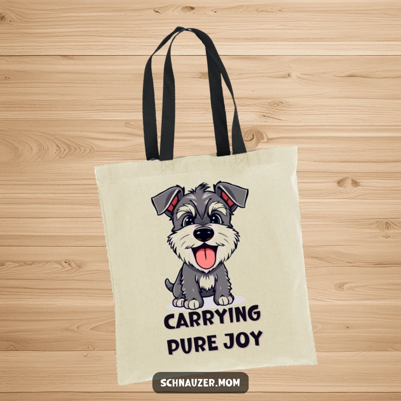 Funny Schnauzer tote bag featuring a happy dog with its tongue lolling out, panting joyfully with an infectious smile.