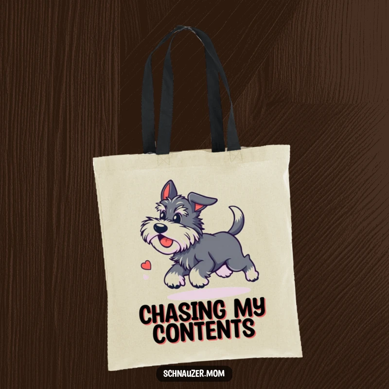 Funny Kawaii Schnauzer tote bag featuring a cute dog chasing its tail with dizzying delight, perfect for carrying items with a playful theme.
