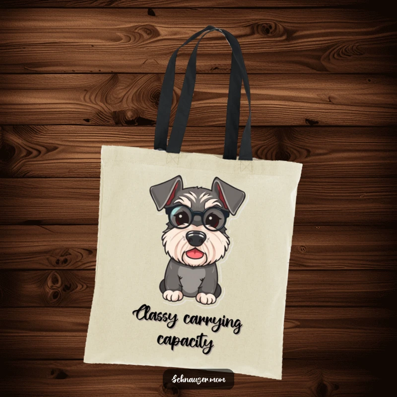Funny Schnauzer tote bag showing a cute dog wearing a tiny monocle, displaying a distinguished and playfully charming appearance.