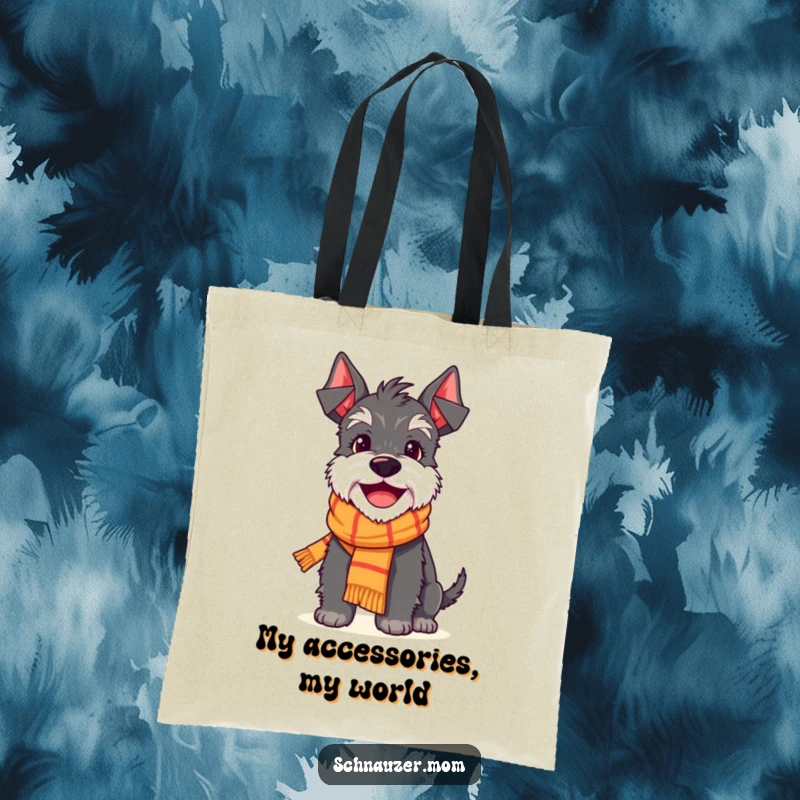 Funny Schnauzer tote bag featuring a delighted dog character with a cheerful smile, sporting a stylish little scarf for added cuteness.