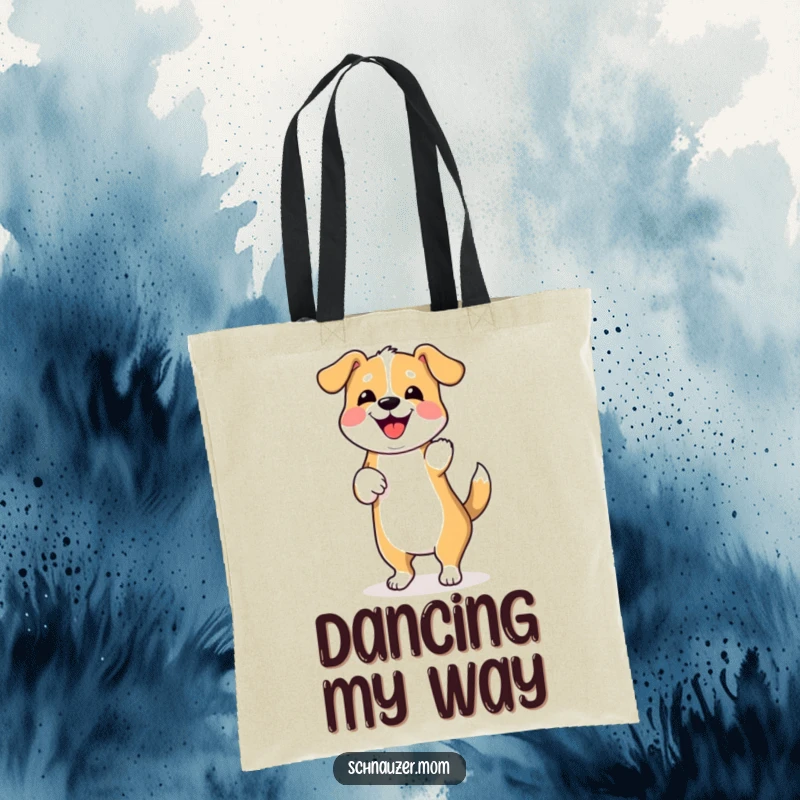 Funny tote bag featuring a dancing dog wiggling its hindquarters, symbolizing celebration and joy for everyday use.