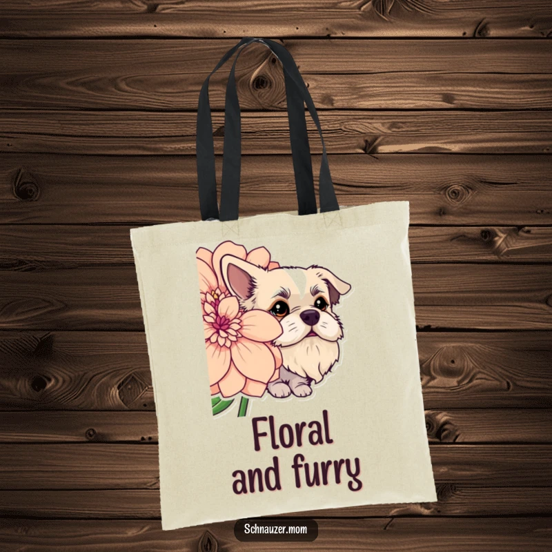 Funny dog sporting a beard, peeking comically from behind a giant, beautiful flower. Ideal tote bag.