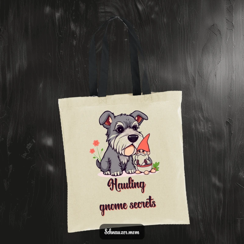 Funny Schnauzer tote bag featuring a curious dog sniffing a garden gnome, perfect for carrying items with whimsical flair.