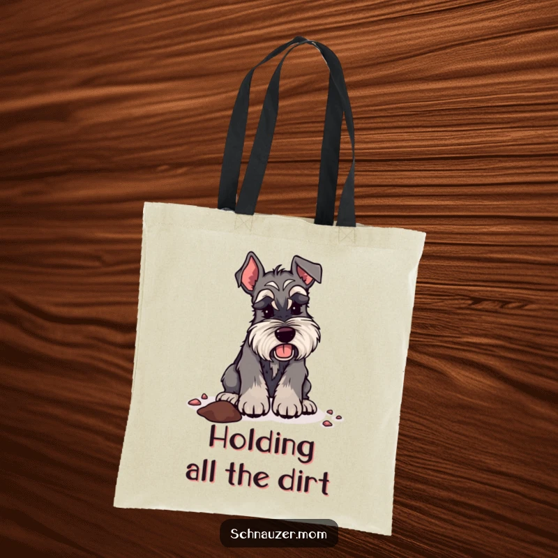 Funny Schnauzer lady tote bag depicting a dog digging energetically, ready to carry your gear with a sense of adventure.