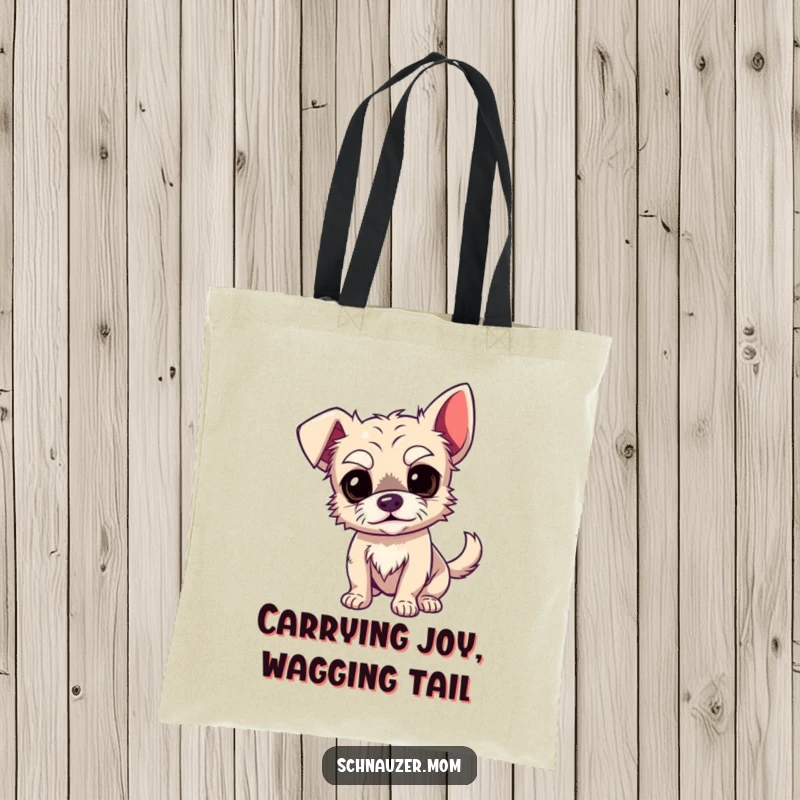 Funny Dog Tote Bag: A small, wiry dog sporting expressive eyebrows and a rapidly wagging tail, ready for adventure.