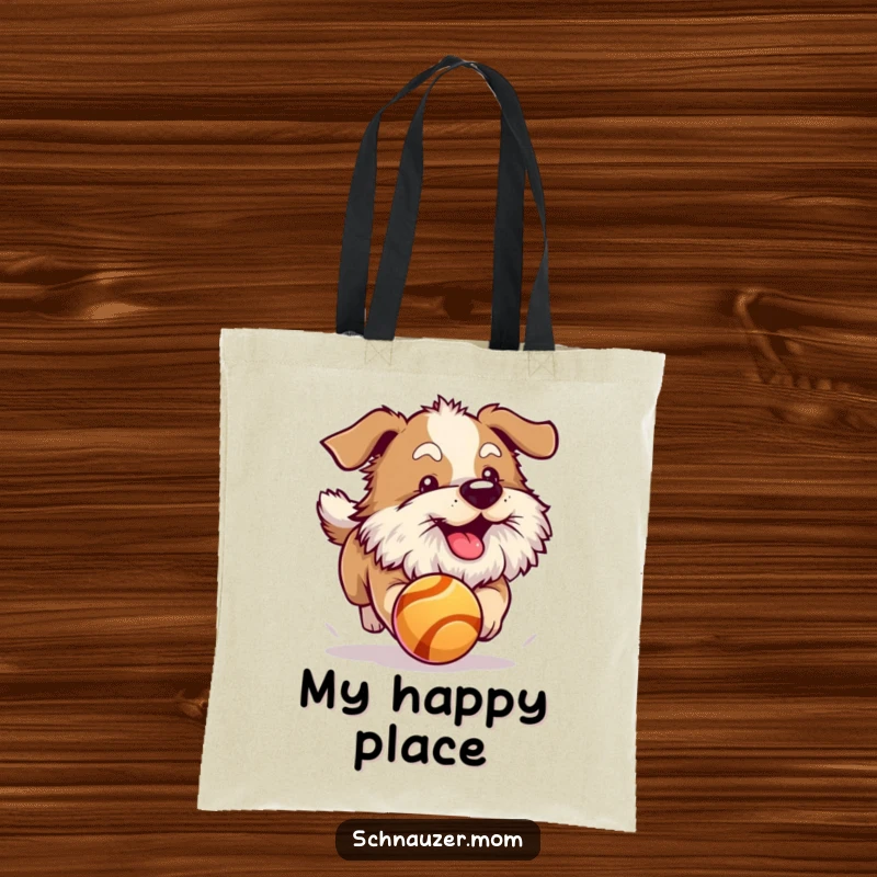 Funny dog with a thick beard energetically chasing a red bouncing ball. Ideal tote bag.