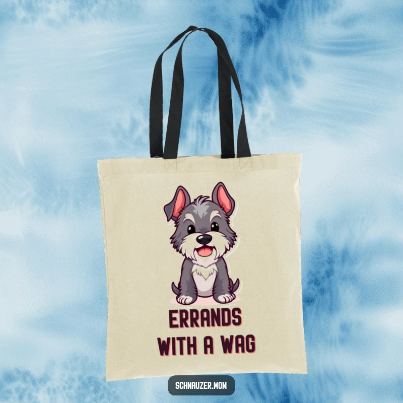 Funny Kawaii Schnauzer tote bag showing a dog in a comical pose with a cheerful wag, perfect for carrying essentials with humor.