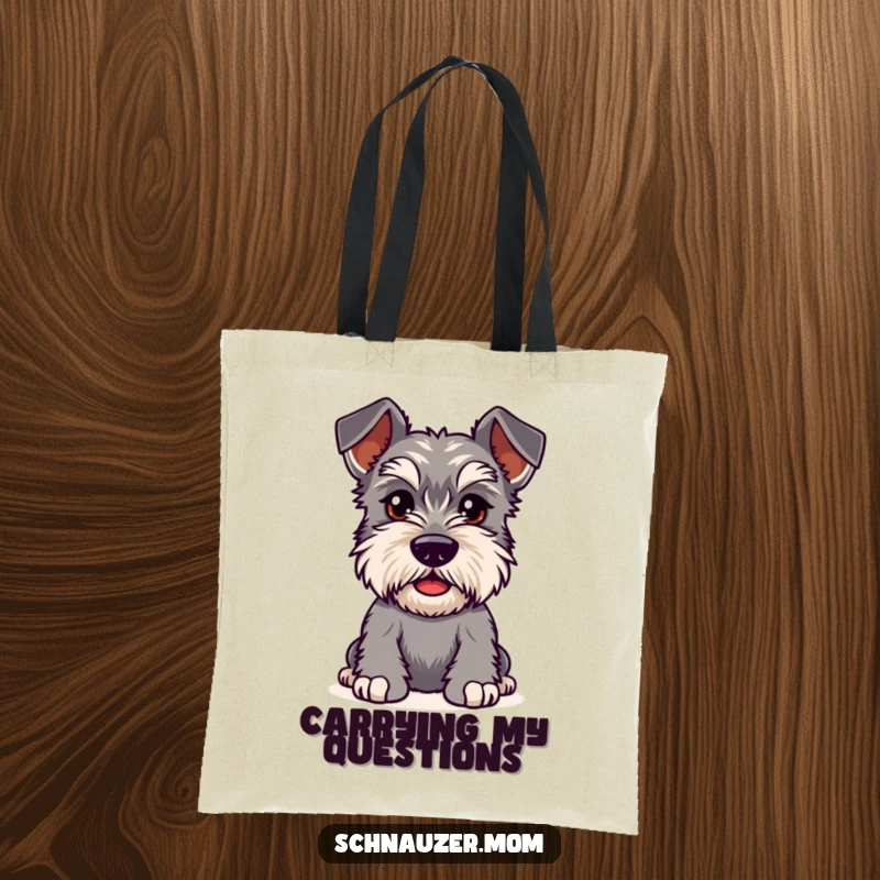 Funny Kawaii Schnauzer tote bag, a dog with bushy eyebrows furrowed in playful curiosity, ideal for carrying items.