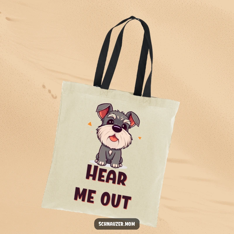 Funny Kawaii Schnauzer Tote Bag, showing a dog tilting its head to listen, a stylish carry-all.