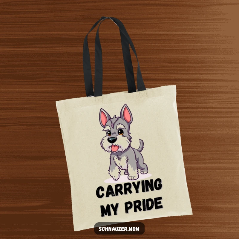 Funny Kawaii Schnauzer tote bag featuring a cute dog performing a proud strut with its stubby tail up, perfect for carrying items with flair.