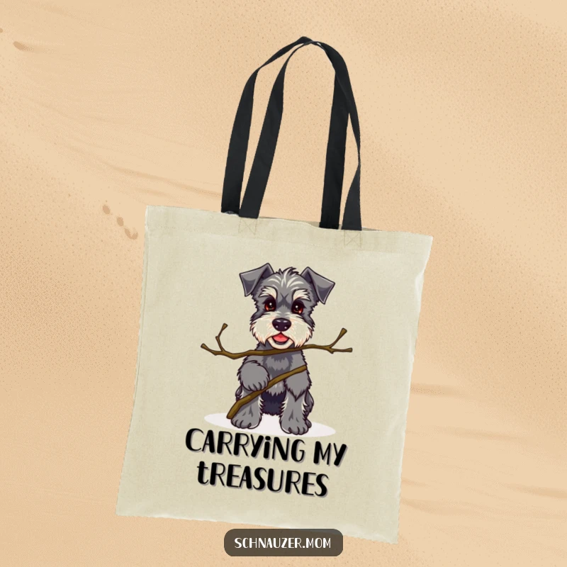 Funny Kawaii Schnauzer tote bag featuring a proud dog with a twig, perfect for carrying essentials and showcasing unique tastes.