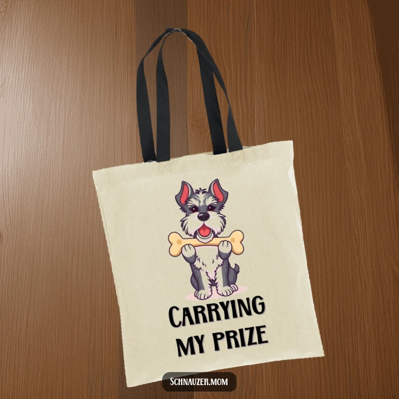 Funny Schnauzer lady tote bag depicting a dog proudly carrying its favorite bone, ready to carry your items with a sense of accomplishment.