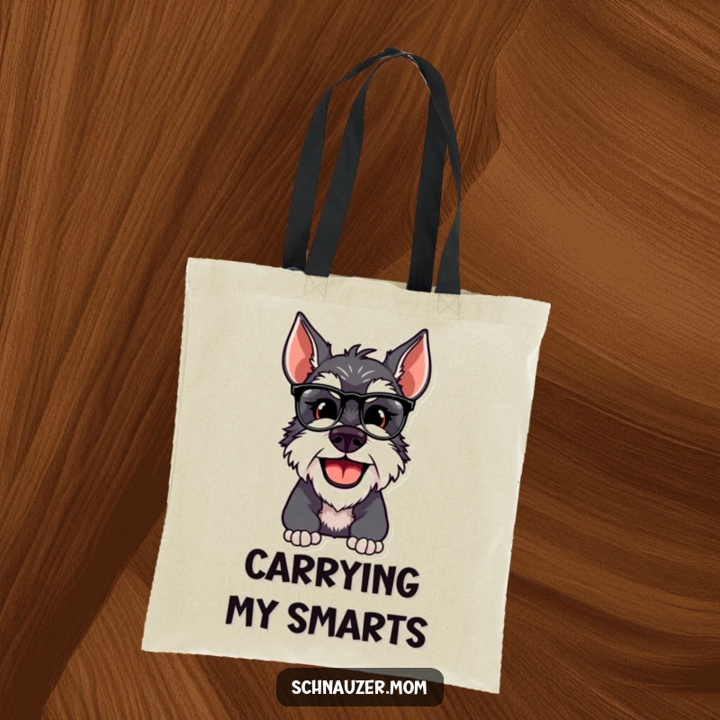 Funny Schnauzer dog with spectacles, smiling and ready to carry essentials in a stylish tote bag.