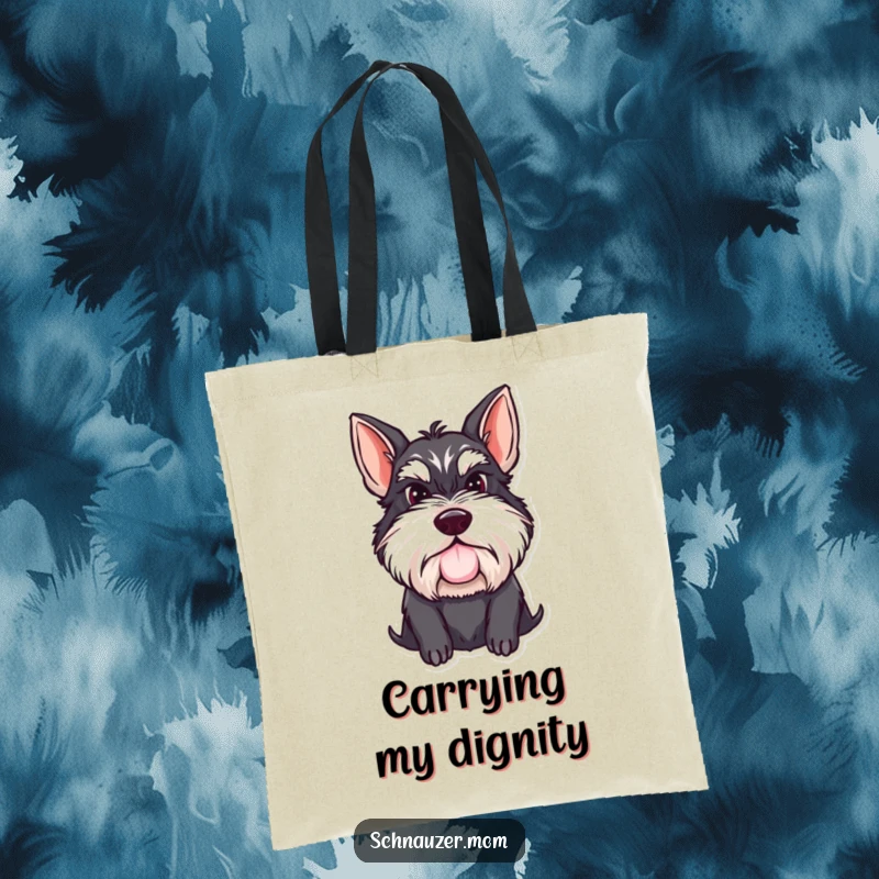 Funny Schnauzer lady tote bag with a determined dog sporting a proud mustache, ready to carry your treasures with sophisticated humor.