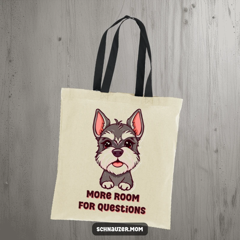 Funny Schnauzer Lady Tote Bag displaying a dog with an inquisitive, quizzical head tilt. Practical and funny, a funny gift.