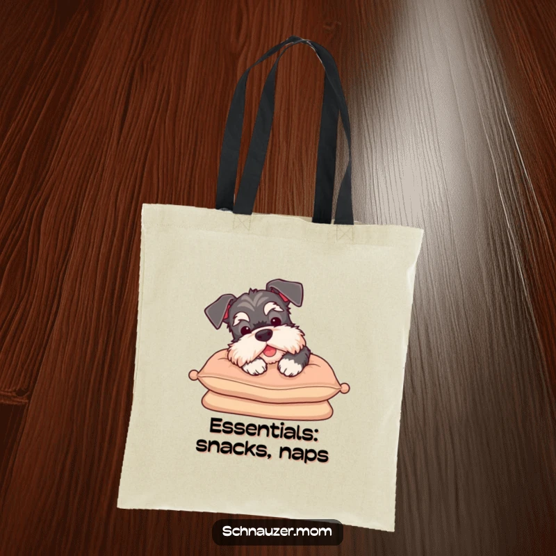 Funny Schnauzer tote bag sighing contentedly on a cushion, perfect for carrying essentials with a touch of relaxation and humor.