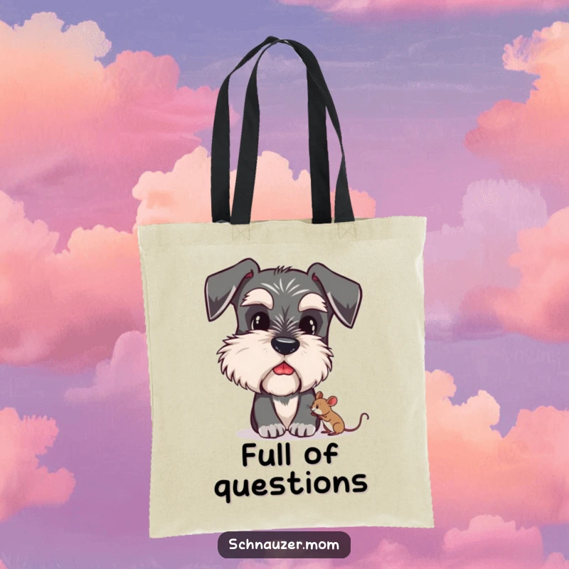 Funny Schnauzer tote bag with a cute dog character sporting bushy eyebrows, curiously noticing a tiny mouse.