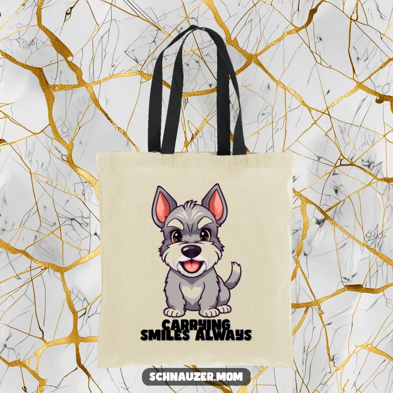 Funny Schnauzer tote bag with a design of a happy dog with a wagging tail and a wide grin, practical and fun.