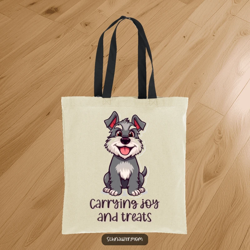 Funny Schnauzer tote bag depicting an ecstatic dog character joyfully wagging its tail, perfect for dog moms and dads.