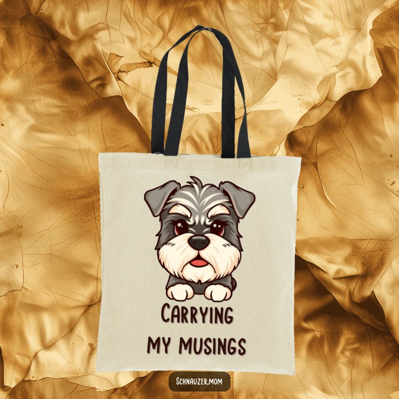 Funny Thoughtful Schnauzer Tote Bag, showing a scruffy Schnauzer with bushy eyebrows in a pensive pose, great for daily use.