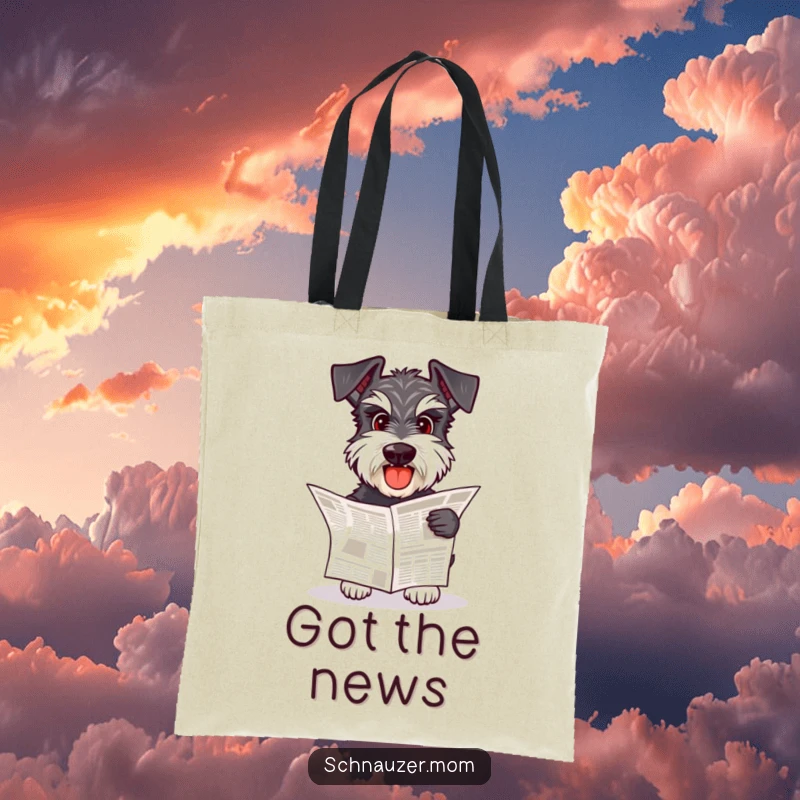 Funny Schnauzer dog happily fetching a small newspaper, ready to carry it in a stylish tote bag.