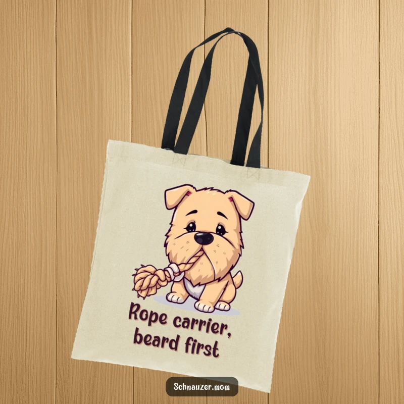 Funny Bearded Dog Tote Bag: A playful dog with a noticeable beard is shown tugging on a rope toy, exuding fun and energy.